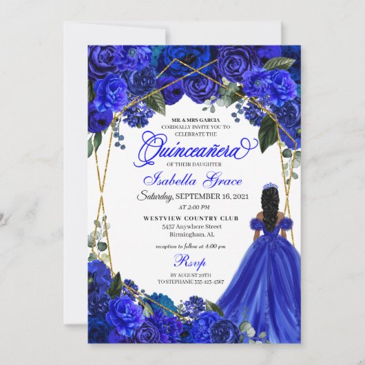 Elegant Royal Blue Floral Quinceanera Birthday Kaart (Voorkant)