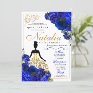 Elegant Royal Blue Floral Quinceanera Birthday Kaart