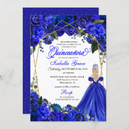 Elegant Royal Blue Floral Quinceanera Birthday Kaart