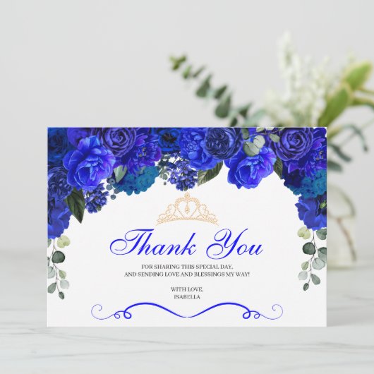 Elegant Royal Blue Floral Quinceanera Hartelijk da Bedankkaart (Staand voorkant)