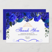 Elegant Royal Blue Floral Quinceanera Hartelijk da Bedankkaart (Voorkant / Achterkant)