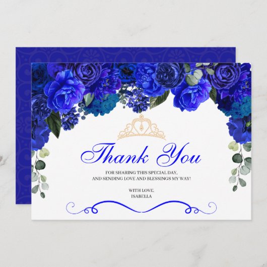 Elegant Royal Blue Floral Quinceanera Hartelijk da Bedankkaart (Voorkant / Achterkant)