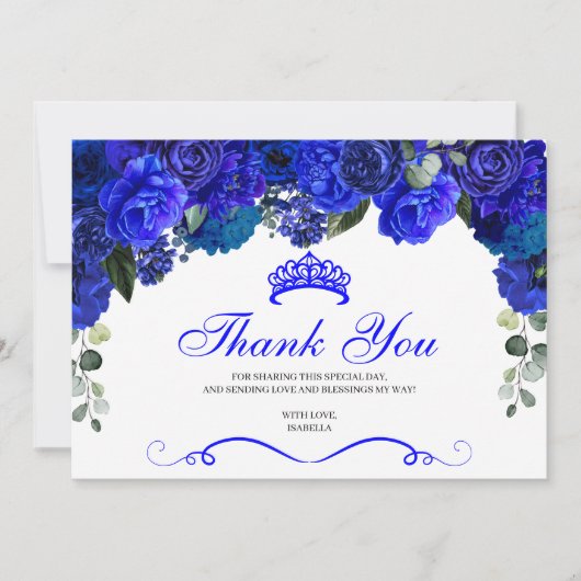 Elegant Royal Blue Floral Quinceanera Hartelijk da Bedankkaart (Voorkant)
