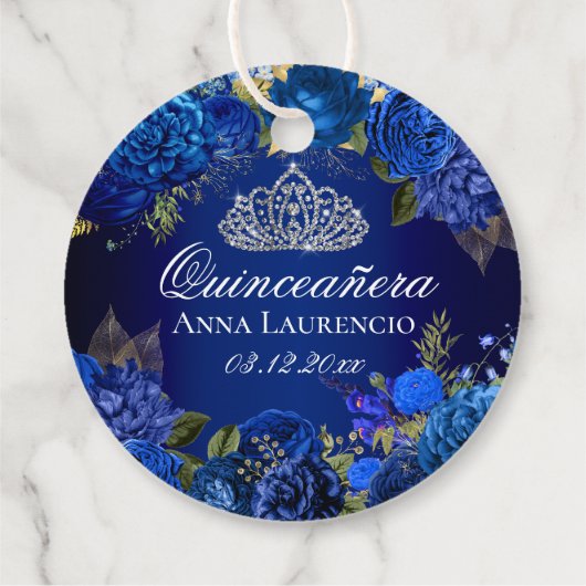 Elegant Royal Blue Floral Rozen Quinceanera Bedankjes Labels (Achterkant)