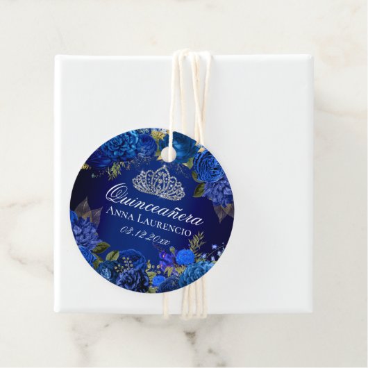 Elegant Royal Blue Floral Rozen Quinceanera Bedankjes Labels (In situ)