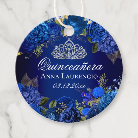 Elegant Royal Blue Floral Rozen Quinceanera Bedankjes Labels (Voorkant)