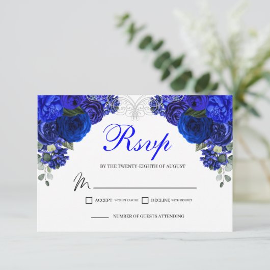 Elegant Royal Blue Floral RSVP Enclosure Card (Staand voorkant)