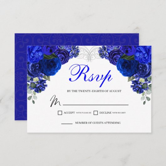 Elegant Royal Blue Floral RSVP Enclosure Card (Voorkant / Achterkant)