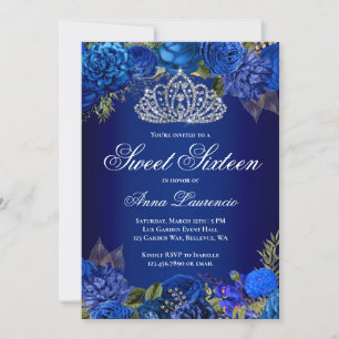 Elegant Royal Blue Floral Sweet Sixteen Birthday Kaart