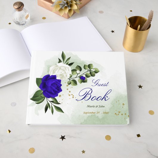 elegant royal blue flower white bloemen greenery b gastenboek (Voorkant open)