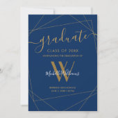 Elegant Royal Blue Geometric Monogram Afstuderen Aankondiging (Voorkant)