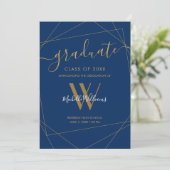 Elegant Royal Blue Geometric Monogram Afstuderen Aankondiging (Staand voorkant)