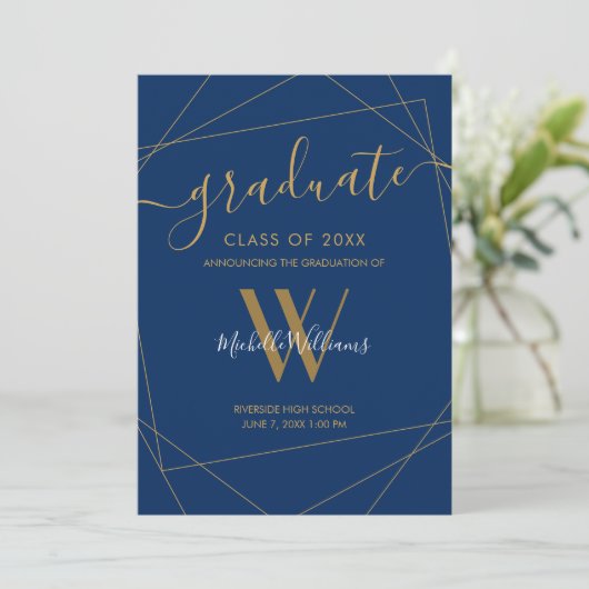 Elegant Royal Blue Geometric Monogram Afstuderen Aankondiging (Staand voorkant)