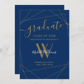 Elegant Royal Blue Geometric Monogram Afstuderen Aankondiging (Voorkant / Achterkant)