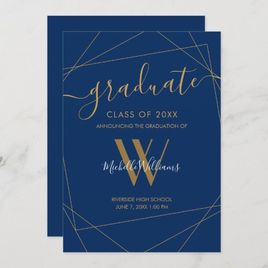 Elegant Royal Blue Geometric Monogram Afstuderen Aankondiging (Voorkant / Achterkant)