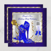Elegant Royal Blue Glitter Birthday Party Kaart (Voorkant / Achterkant)