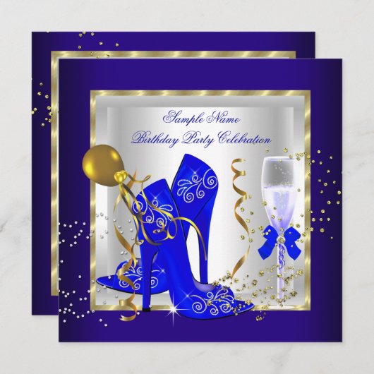 Elegant Royal Blue Glitter Birthday Party Kaart (Voorkant / Achterkant)