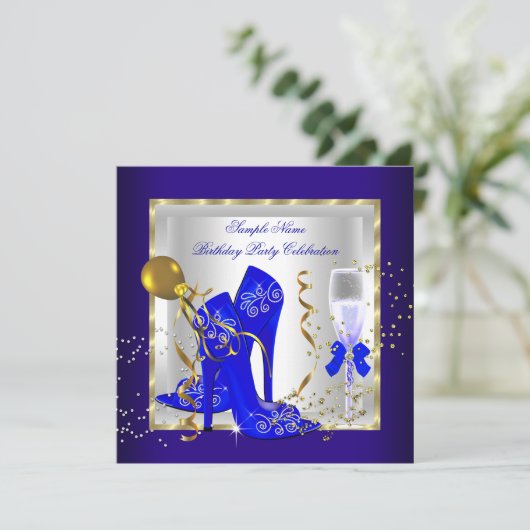 Elegant Royal Blue Glitter Birthday Party Kaart (Staand voorkant)