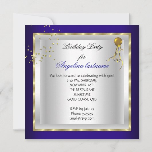 Elegant Royal Blue Glitter Birthday Party Kaart (Achterkant)