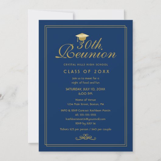 Elegant Royal Blue Gold 30th Class Reunion Kaart (Voorkant)