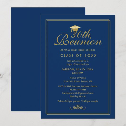 Elegant Royal Blue Gold 30th Class Reunion Kaart (Voorkant / Achterkant)