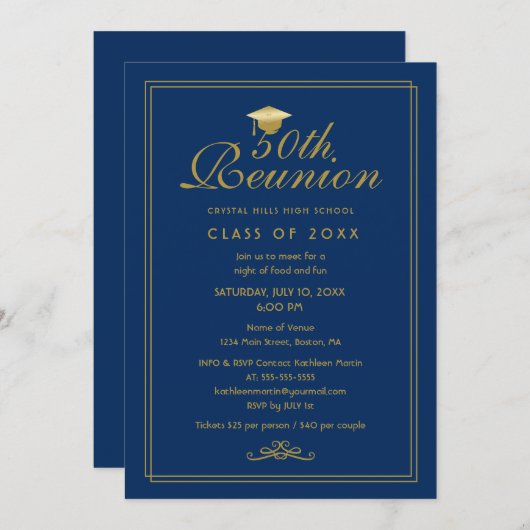 Elegant Royal Blue Gold 50th Class Reunion Kaart (Voorkant / Achterkant)