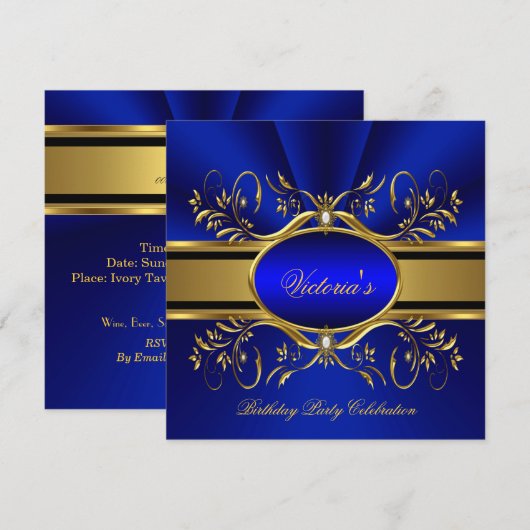 Elegant Royal Blue Gold Birthday Party 2 Kaart (Voorkant / Achterkant)