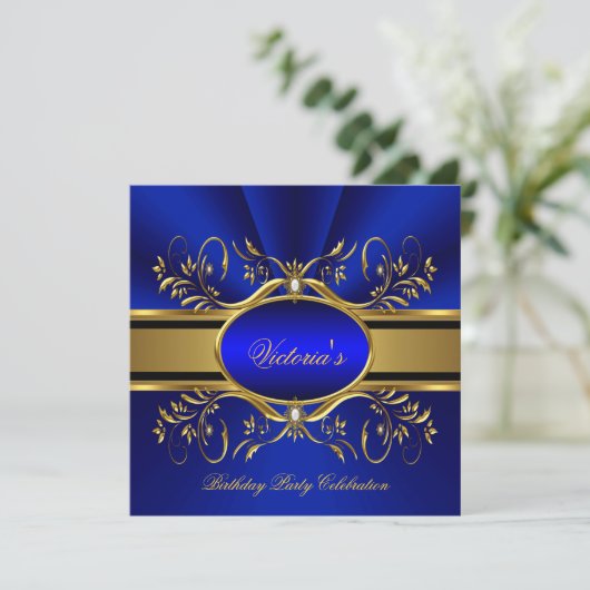 Elegant Royal Blue Gold Birthday Party 2 Kaart (Staand voorkant)