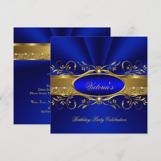 Elegant Royal Blue Gold Birthday Party 2A Kaart (Voorkant / Achterkant)