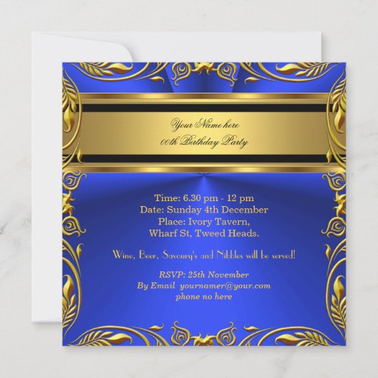 Elegant Royal Blue Gold Birthday Party Floral 2 Kaart (Achterkant)