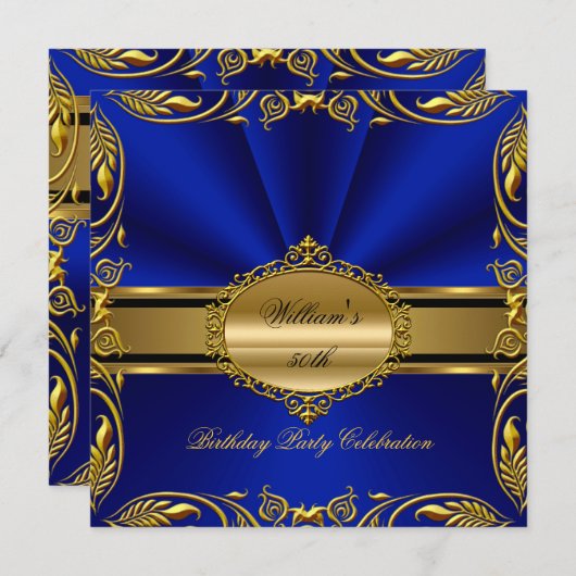 Elegant Royal Blue Gold Birthday Party Floral Kaart (Voorkant / Achterkant)