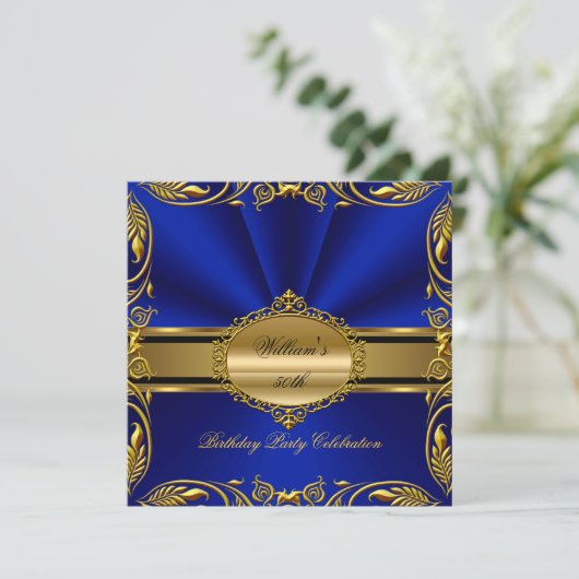 Elegant Royal Blue Gold Birthday Party Floral Kaart (Staand voorkant)
