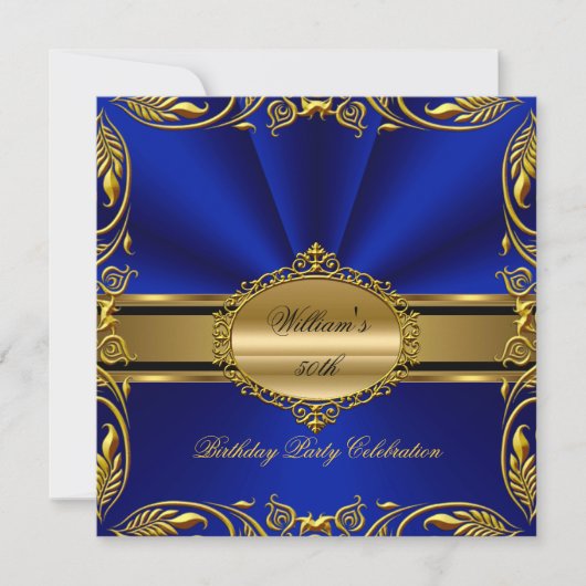 Elegant Royal Blue Gold Birthday Party Floral Kaart (Voorkant)