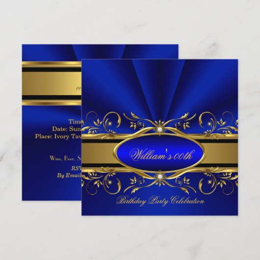 Elegant Royal Blue Gold Birthday Party Kaart (Voorkant / Achterkant)