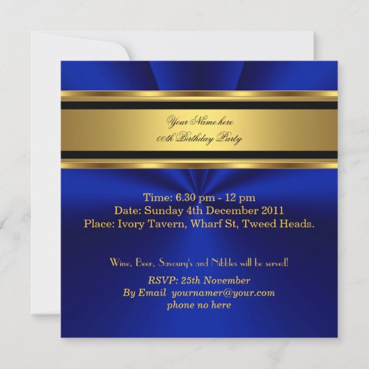 Elegant Royal Blue Gold Birthday Party Kaart (Achterkant)