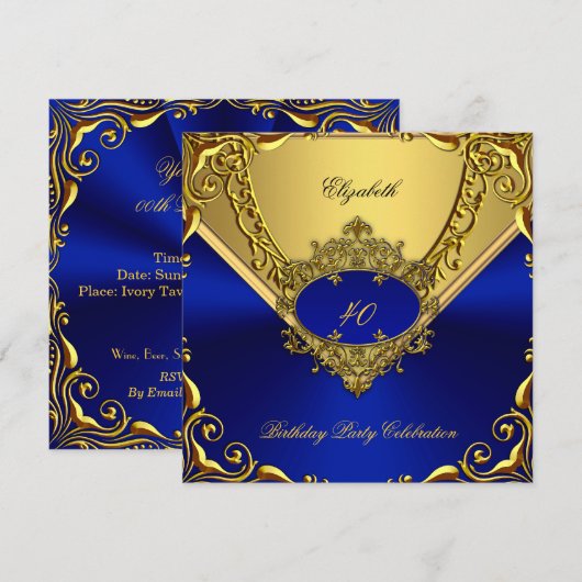 Elegant Royal Blue Gold Birthday Party Kaart (Voorkant / Achterkant)