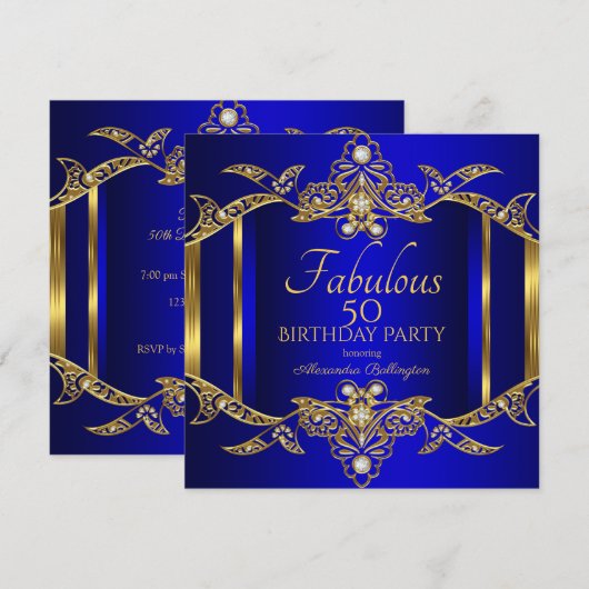 Elegant Royal Blue Gold Birthday Party Kaart (Voorkant / Achterkant)