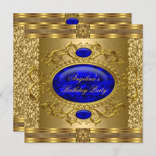 Elegant Royal Blue Gold Birthday Party Kaart (Voorkant / Achterkant)