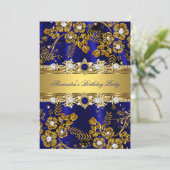 Elegant Royal Blue & Gold Floral Birthday Party Kaart (Staand voorkant)
