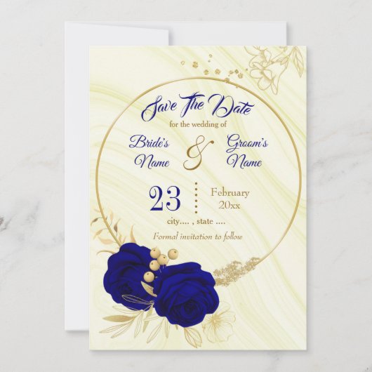 elegant royal blue gold floral save the date (Voorkant)
