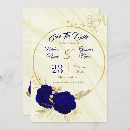 elegant royal blue gold floral save the date (Voorkant / Achterkant)