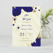 elegant royal blue gold florale bladeren save the date (Staand voorkant)