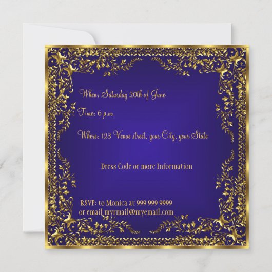 Elegant  Royal Blue Gold Invitation Kaart (Achterkant)