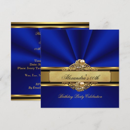 Elegant Royal Blue Gold Pearl Birthday Party Kaart (Voorkant / Achterkant)
