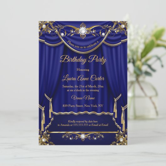 Elegant Royal Blue Gold Pearl Drapes Kaart (Staand voorkant)