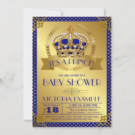 Elegant Royal Blue Gold Prince Baby shower Kaart (Voorkant)