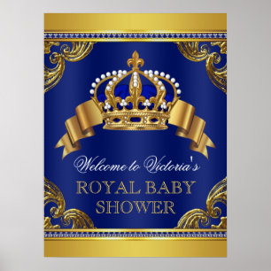Elegant Royal Blue Gold Prince Baby shower Signs Poster