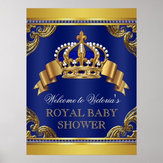 Elegant Royal Blue Gold Prince Baby shower Signs Poster (Voorkant)