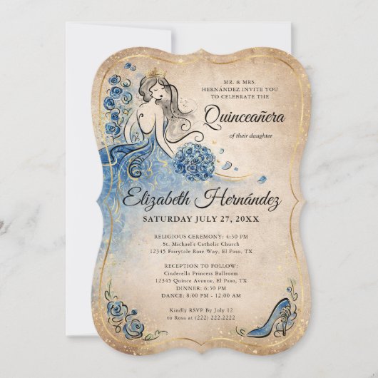 Elegant Royal Blue Gold Prinses Quince Verjaardag Kaart (Voorkant)