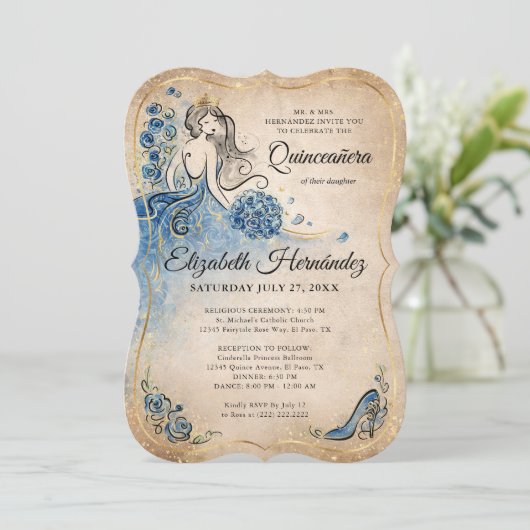 Elegant Royal Blue Gold Prinses Quince Verjaardag Kaart (Staand voorkant)